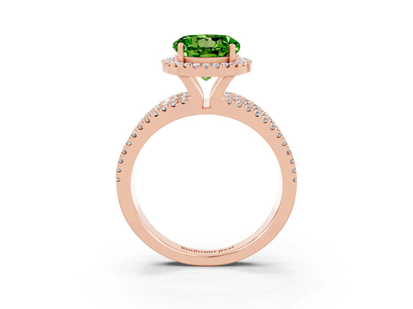 Rose gold Round Cut Peridot Halo Engagement Ring with Split Shank and Four-Prong Setting