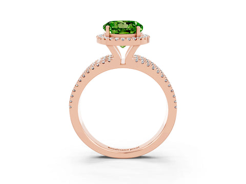 Rose gold {shape_name} Peridot Halo Engagement Ring with Split Shank and Four-Prong Setting_3