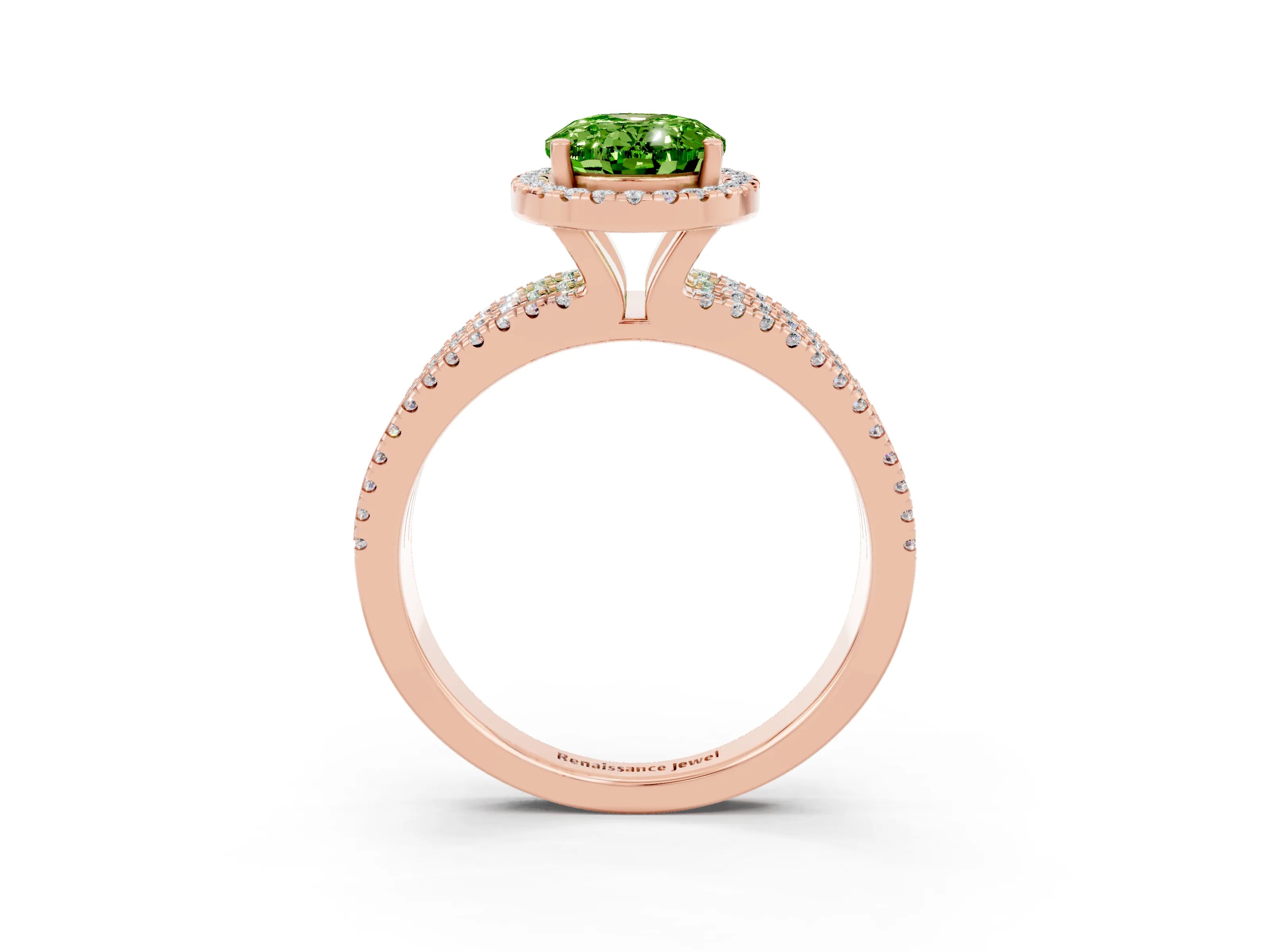 Rose gold {shape_name} Peridot Halo Engagement Ring with Split Shank and Four-Prong Setting_3