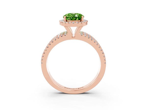 Rose gold Oval Cut Peridot Halo Engagement Ring with Split Shank and Four-Prong Setting