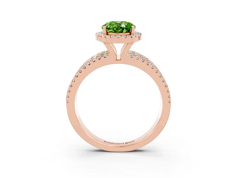 Rose gold {shape_name} Peridot Halo Engagement Ring with Split Shank and Four-Prong Setting_3