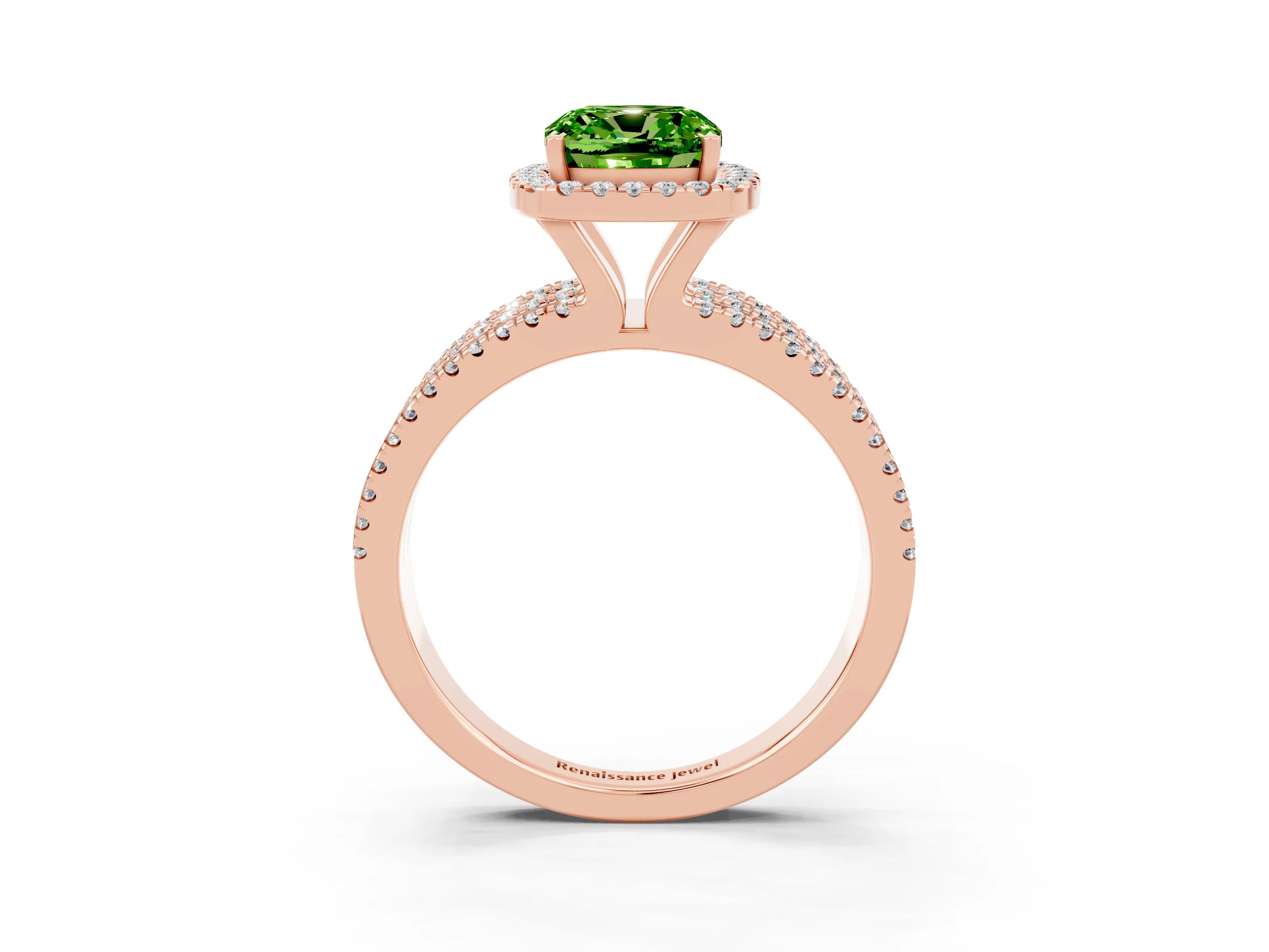 Rose gold {shape_name} Peridot Halo Engagement Ring with Split Shank and Four-Prong Setting_3