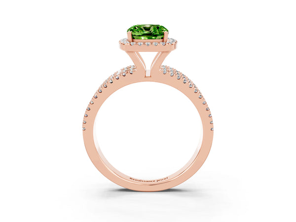 Rose gold Cushion Cut Peridot Halo Engagement Ring with Split Shank and Four-Prong Setting