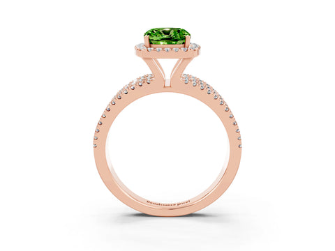 Rose gold {shape_name} Peridot Halo Engagement Ring with Split Shank and Four-Prong Setting_3