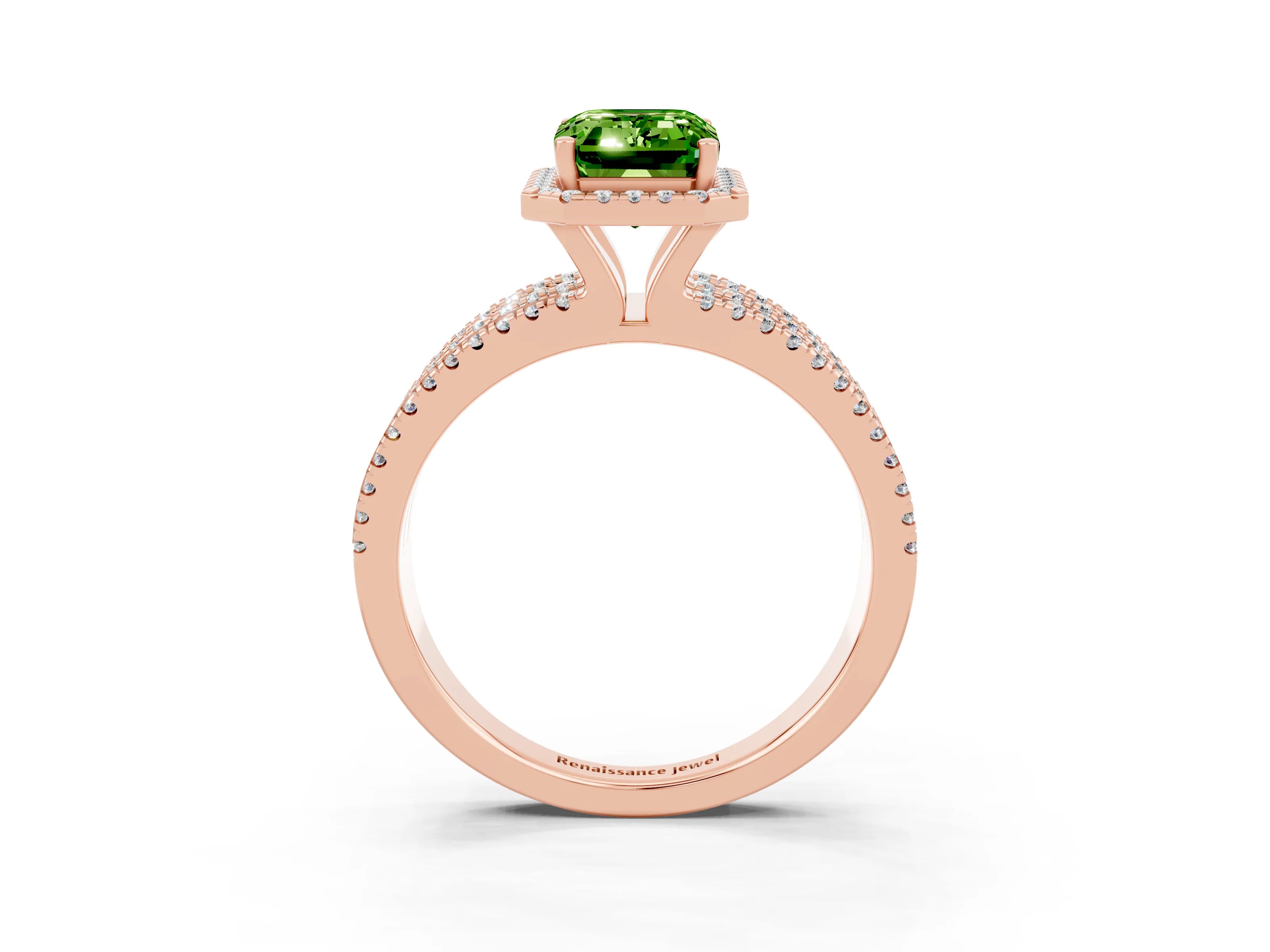 Rose gold {shape_name} Peridot Halo Engagement Ring with Split Shank and Four-Prong Setting_3