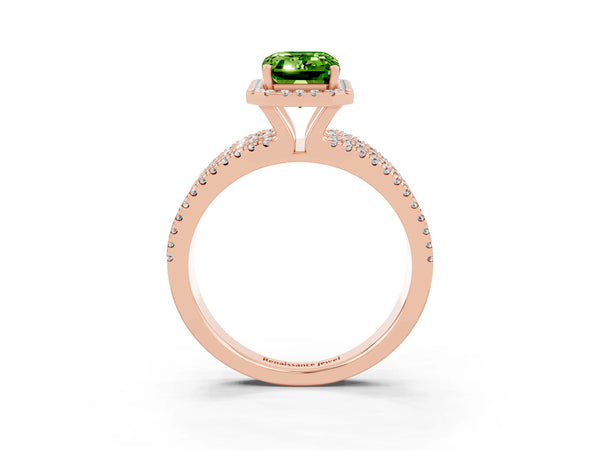 Rose gold Emerald Cut Peridot Halo Engagement Ring with Split Shank and Four-Prong Setting