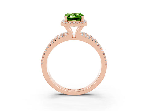 Rose gold {shape_name} Peridot Halo Engagement Ring with Split Shank and Four-Prong Setting_3