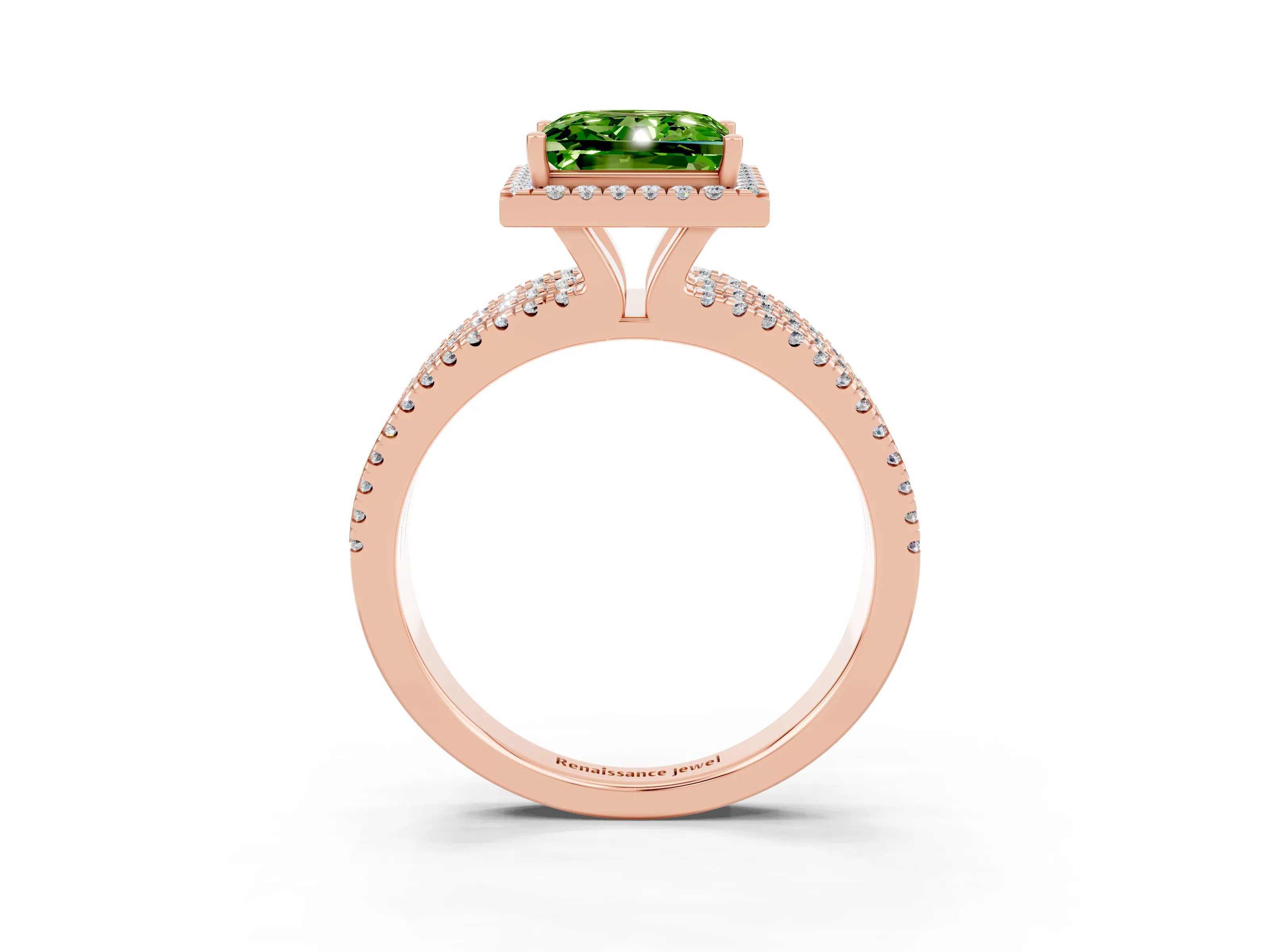 Rose gold {shape_name} Peridot Halo Engagement Ring with Split Shank and Four-Prong Setting_3