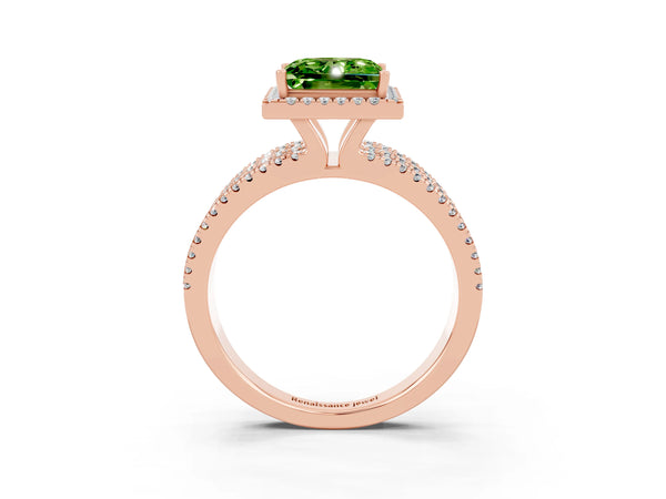Rose gold Princess Cut Peridot Halo Engagement Ring with Split Shank and Four-Prong Setting
