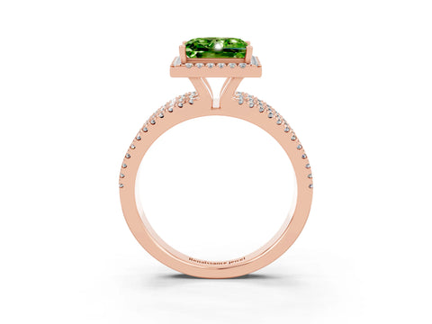 Rose gold {shape_name} Peridot Halo Engagement Ring with Split Shank and Four-Prong Setting_3