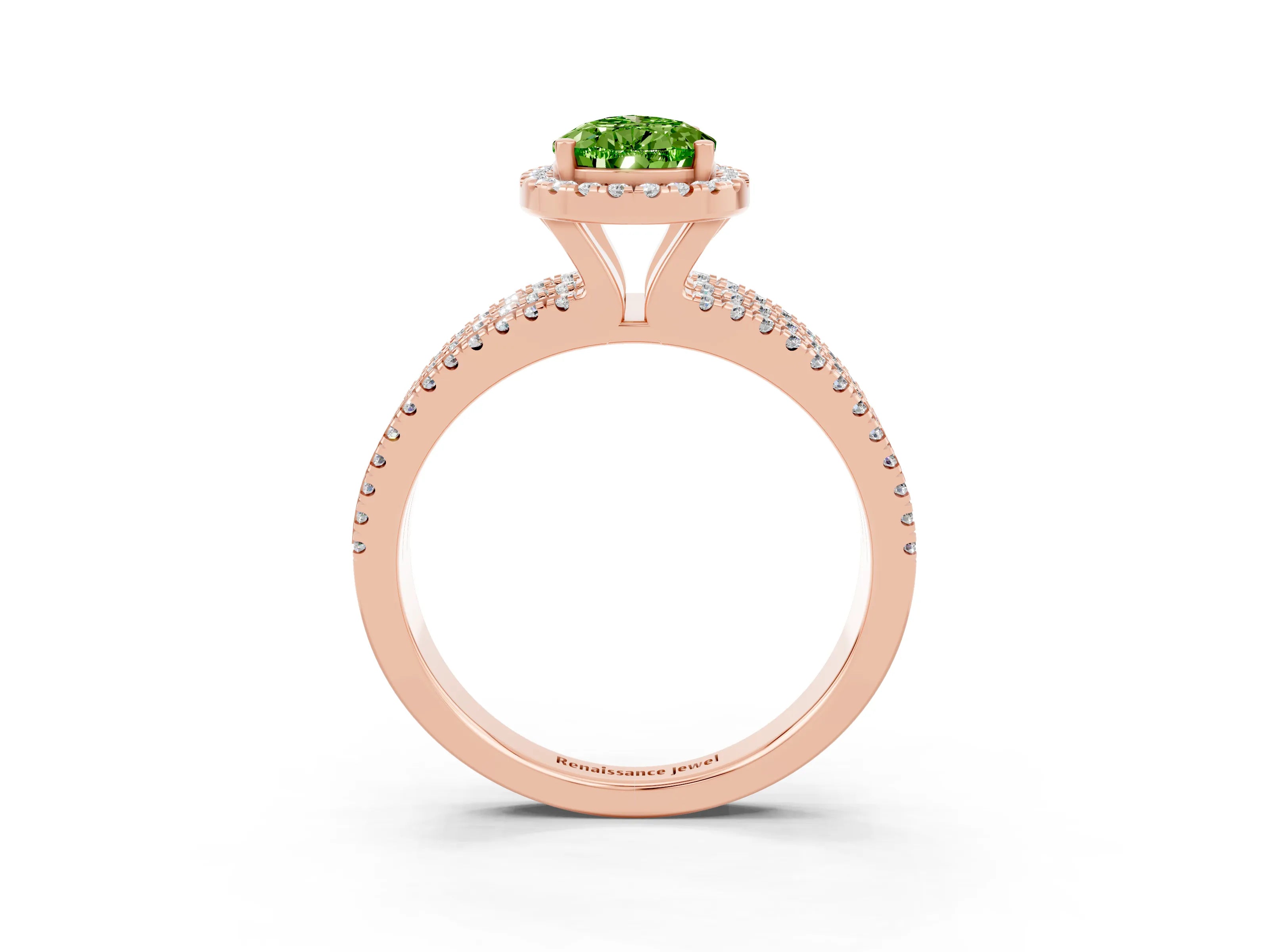 Rose gold {shape_name} Peridot Halo Engagement Ring with Split Shank and Four-Prong Setting_3
