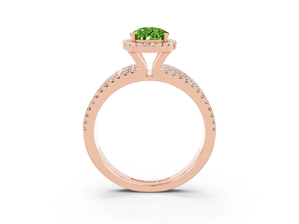 Rose gold Pear Cut Peridot Halo Engagement Ring with Split Shank and Four-Prong Setting
