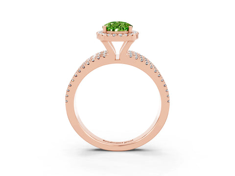Rose gold {shape_name} Peridot Halo Engagement Ring with Split Shank and Four-Prong Setting_3
