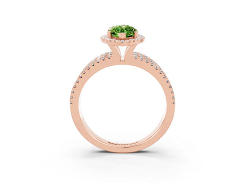 Rose gold {shape_name} Peridot Halo Engagement Ring with Split Shank and Four-Prong Setting_3