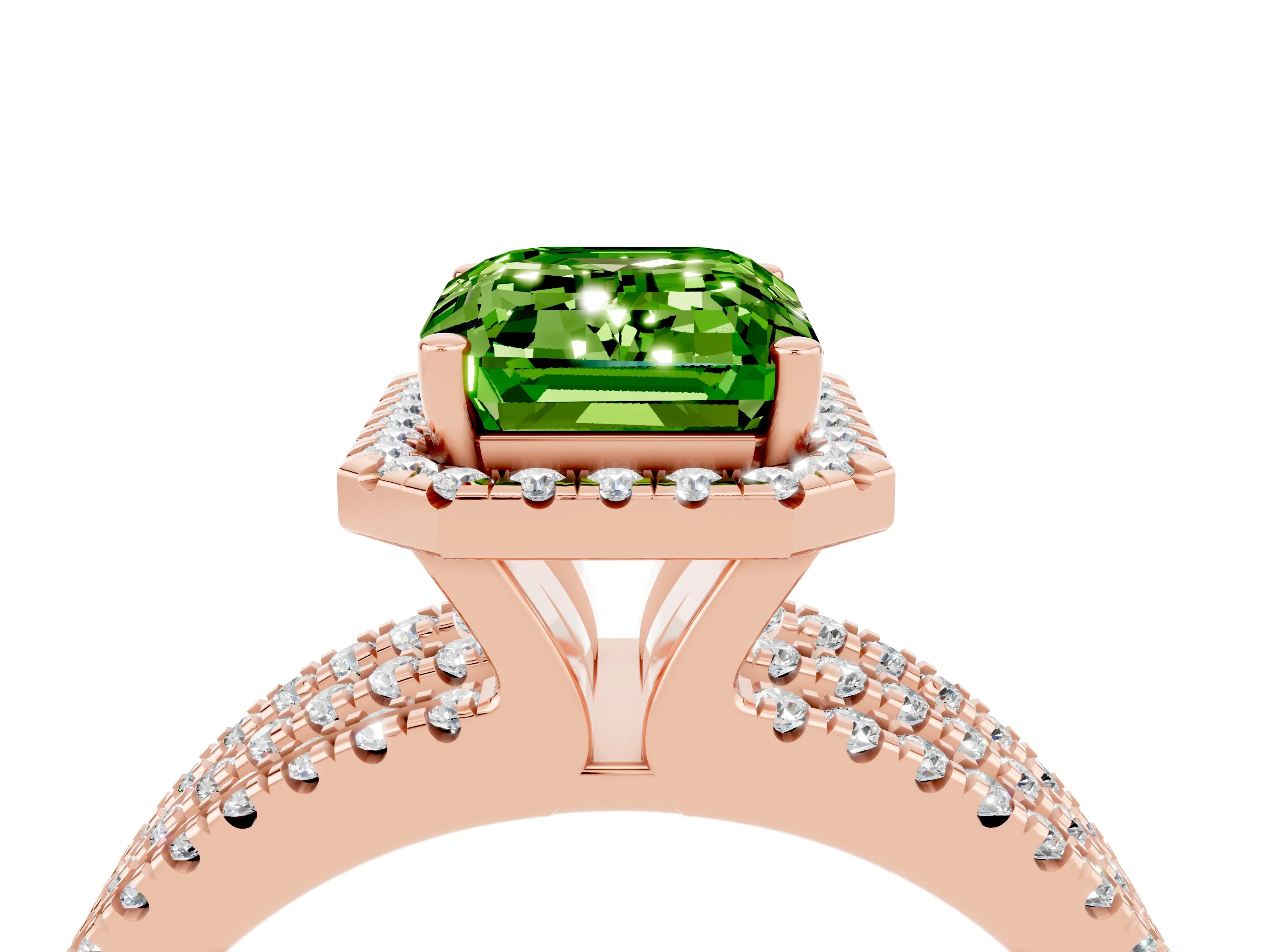 Rose gold {shape_name} Peridot Halo Engagement Ring with Split Shank and Four-Prong Setting_4