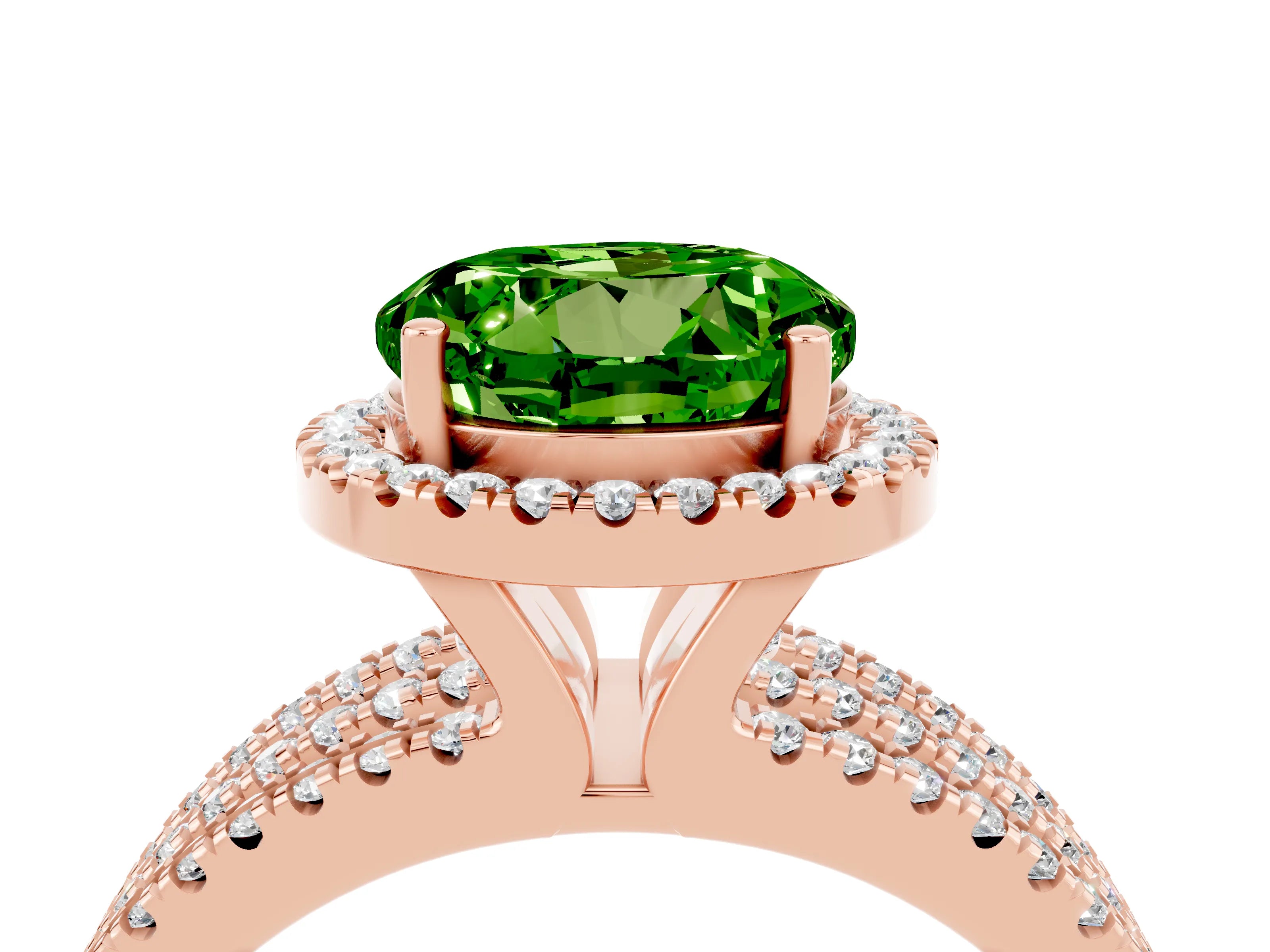 Rose gold {shape_name} Peridot Halo Engagement Ring with Split Shank and Four-Prong Setting_4