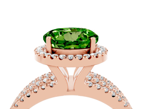Rose gold {shape_name} Peridot Halo Engagement Ring with Split Shank and Four-Prong Setting_4