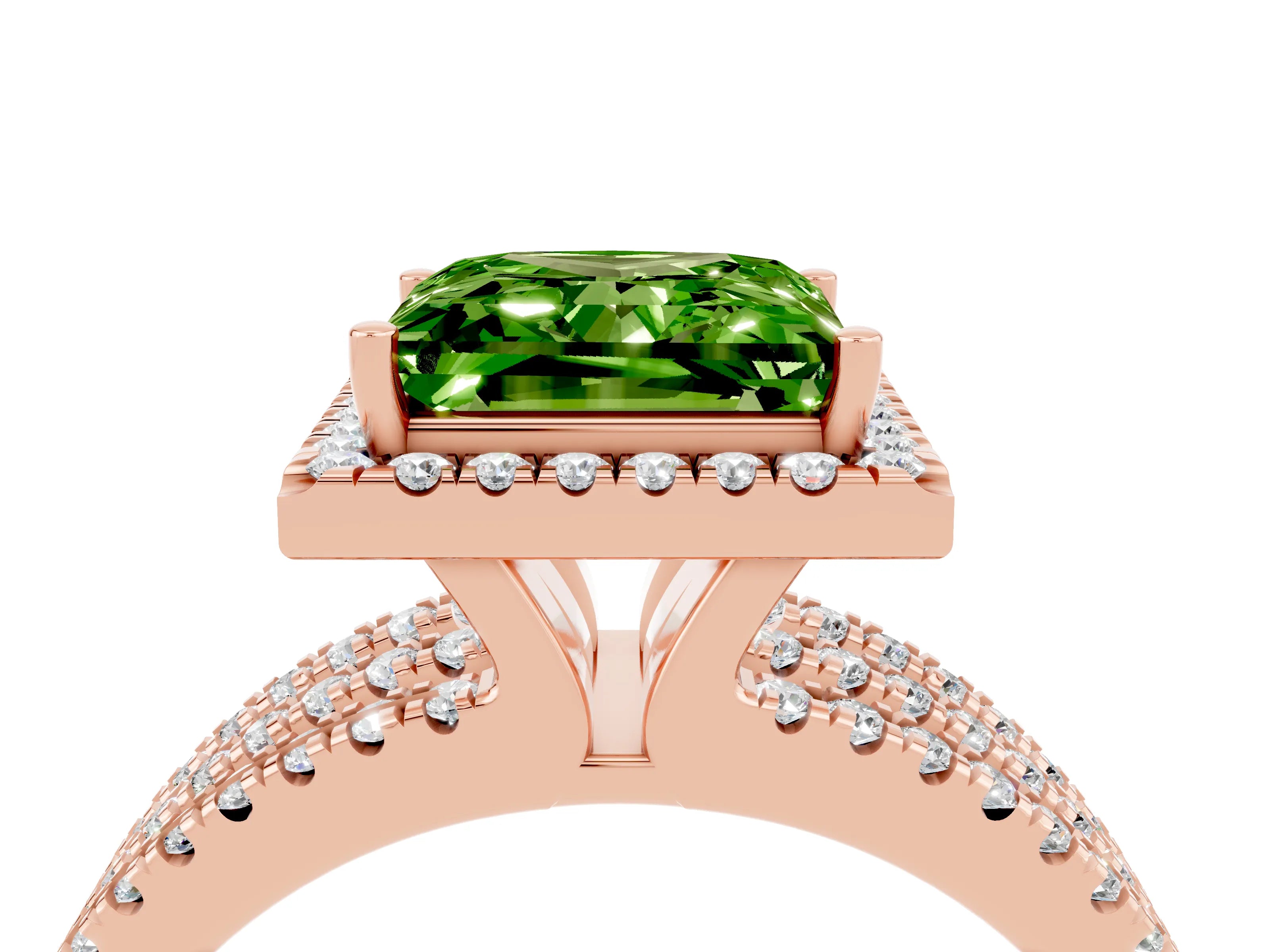 Rose gold {shape_name} Peridot Halo Engagement Ring with Split Shank and Four-Prong Setting_4