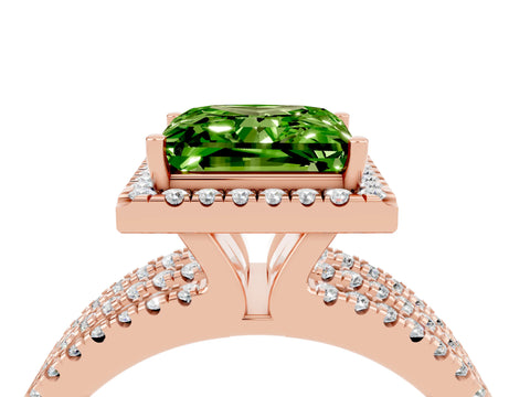 Rose gold {shape_name} Peridot Halo Engagement Ring with Split Shank and Four-Prong Setting_4