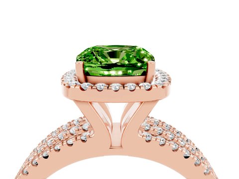 Rose gold {shape_name} Peridot Halo Engagement Ring with Split Shank and Four-Prong Setting_4