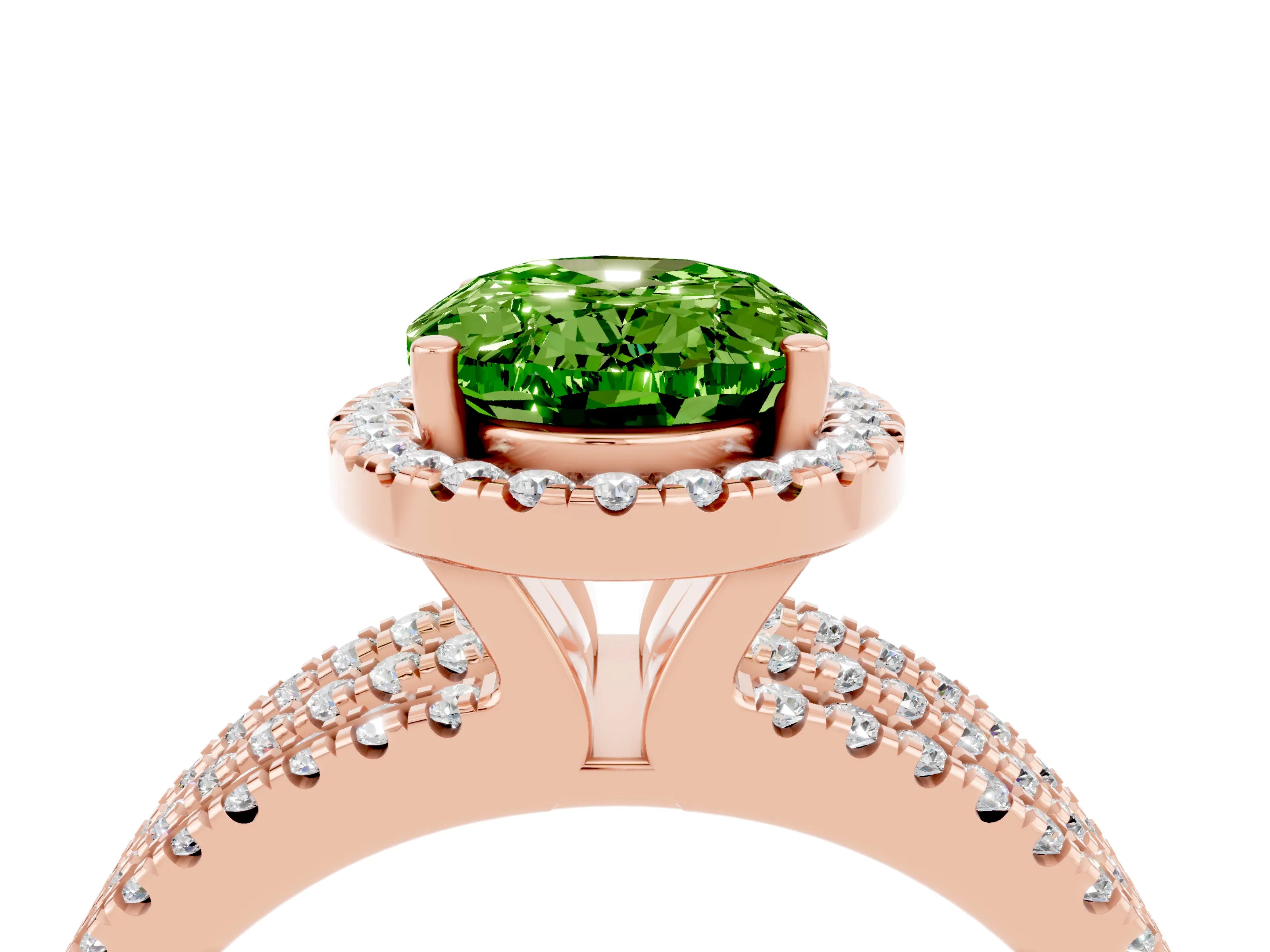 Rose gold {shape_name} Peridot Halo Engagement Ring with Split Shank and Four-Prong Setting_4