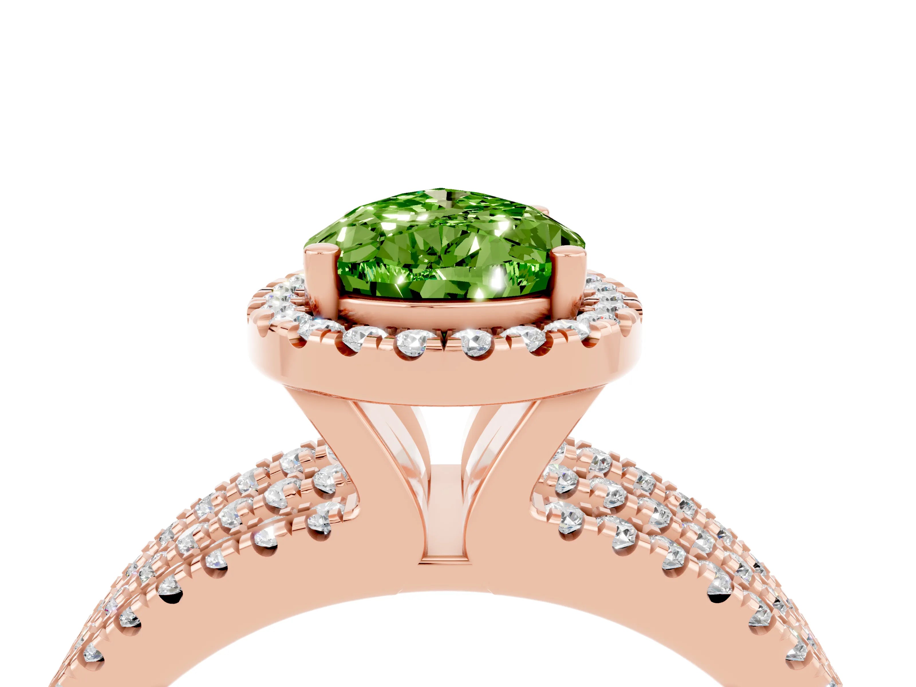 Rose gold {shape_name} Peridot Halo Engagement Ring with Split Shank and Four-Prong Setting_4
