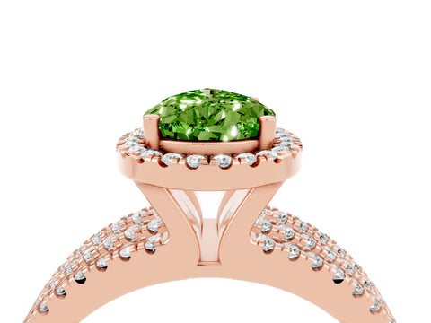 Rose gold {shape_name} Peridot Halo Engagement Ring with Split Shank and Four-Prong Setting_4