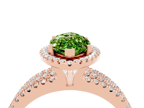 Rose gold {shape_name} Peridot Halo Engagement Ring with Split Shank and Four-Prong Setting_4