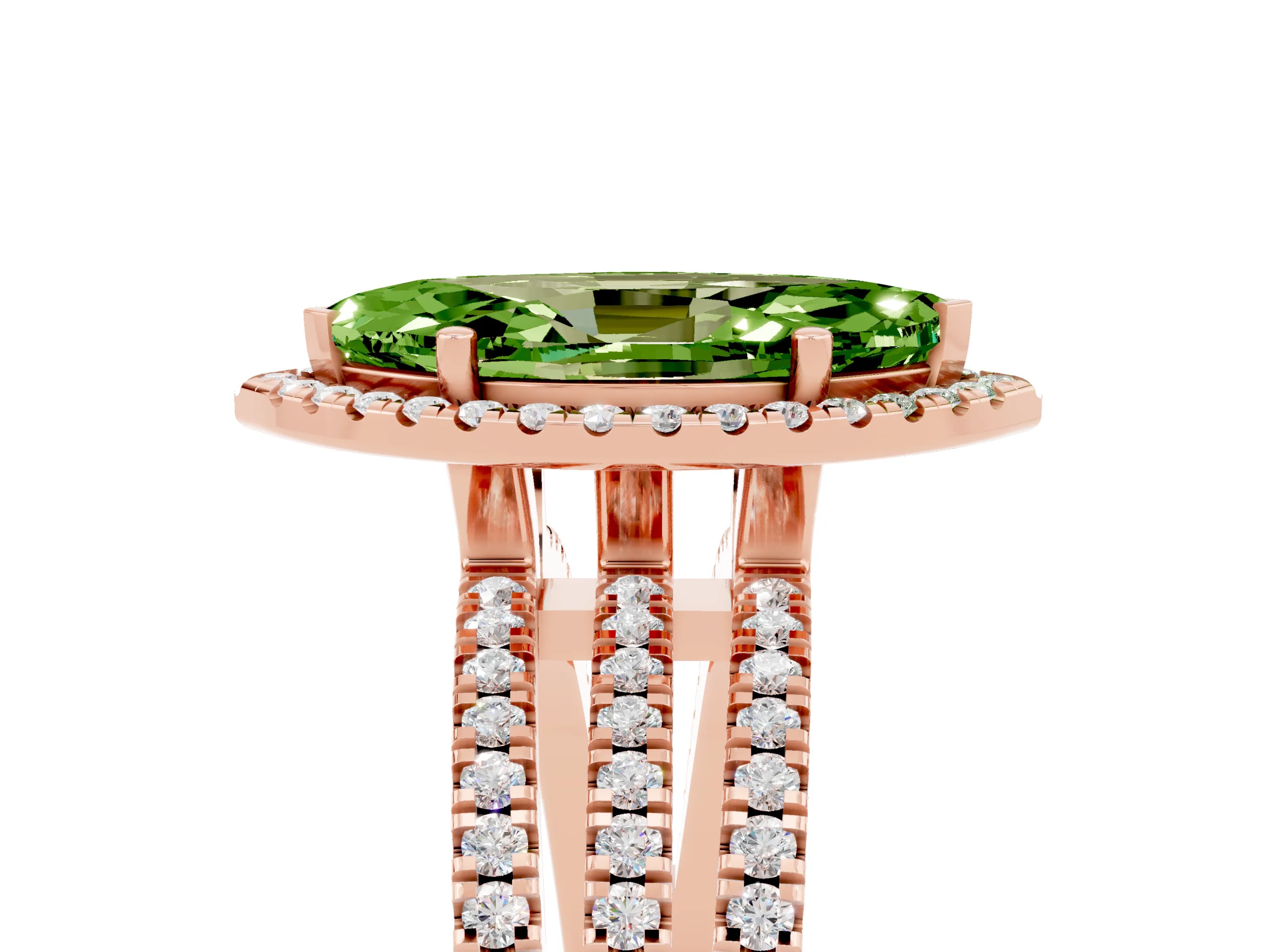 Rose gold {shape_name} Peridot Halo Engagement Ring with Split Shank and Four-Prong Setting_5