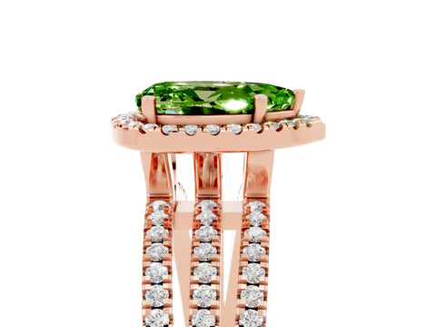 Rose gold {shape_name} Peridot Halo Engagement Ring with Split Shank and Four-Prong Setting_5
