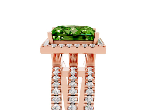 Rose gold {shape_name} Peridot Halo Engagement Ring with Split Shank and Four-Prong Setting_5