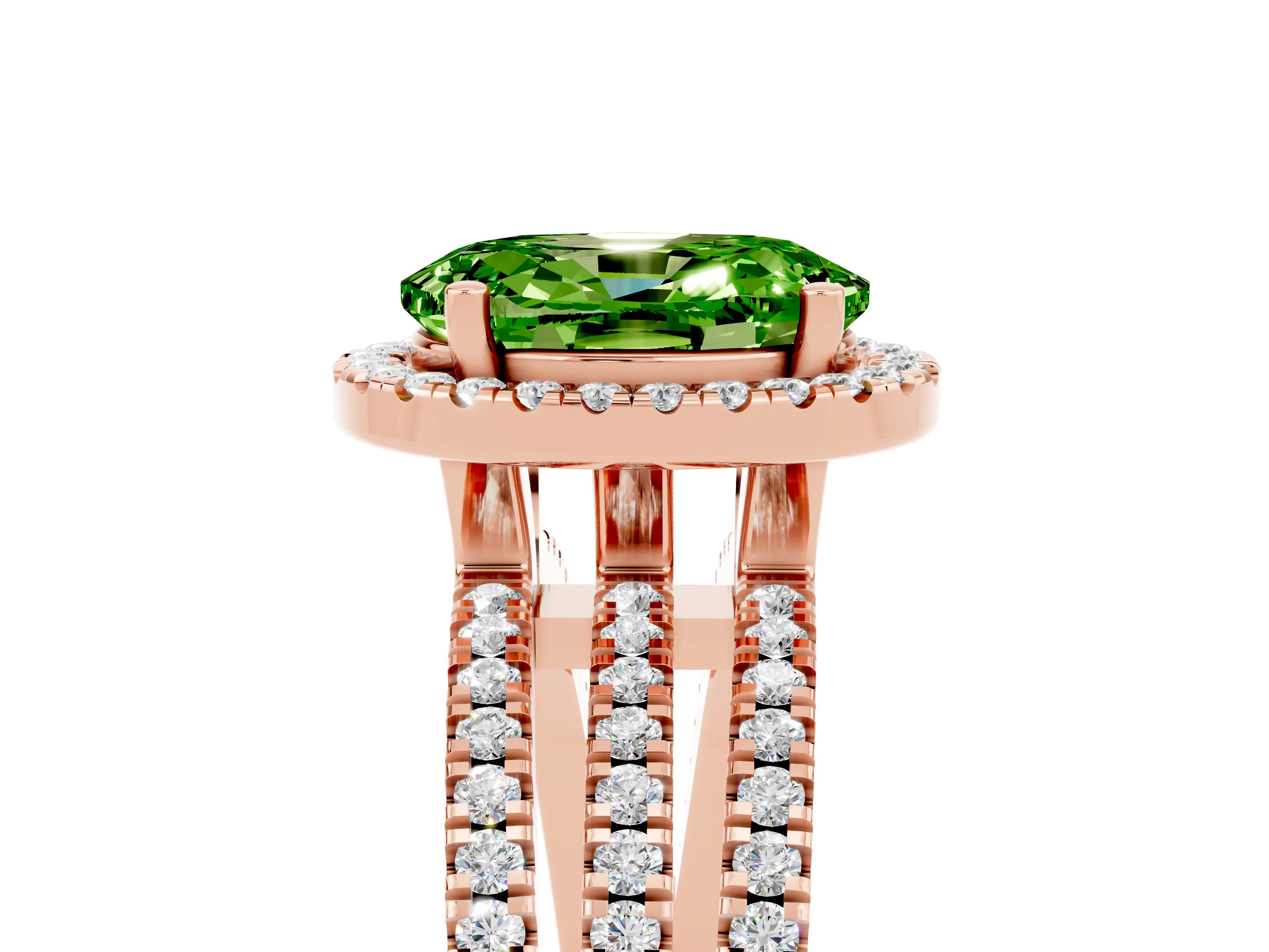 Rose gold {shape_name} Peridot Halo Engagement Ring with Split Shank and Four-Prong Setting_5