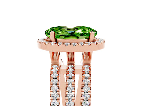 Rose gold {shape_name} Peridot Halo Engagement Ring with Split Shank and Four-Prong Setting_5