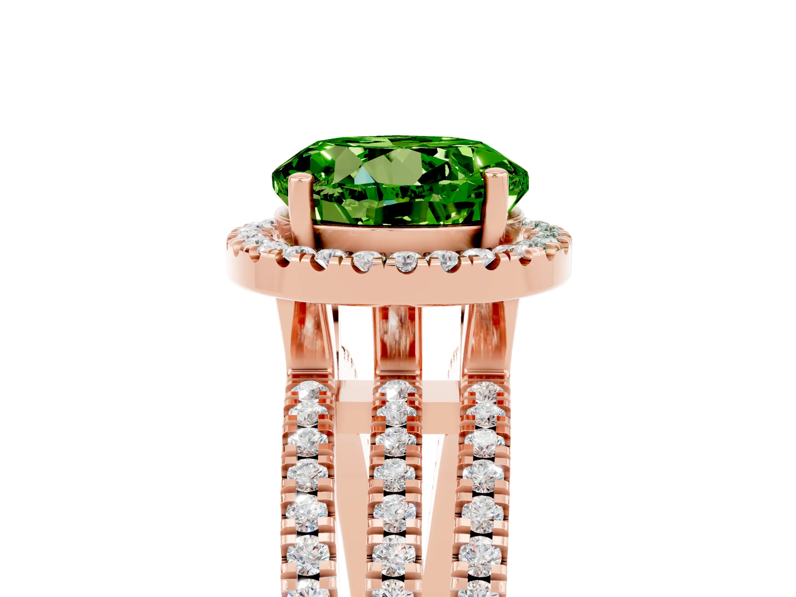 Rose gold {shape_name} Peridot Halo Engagement Ring with Split Shank and Four-Prong Setting_5