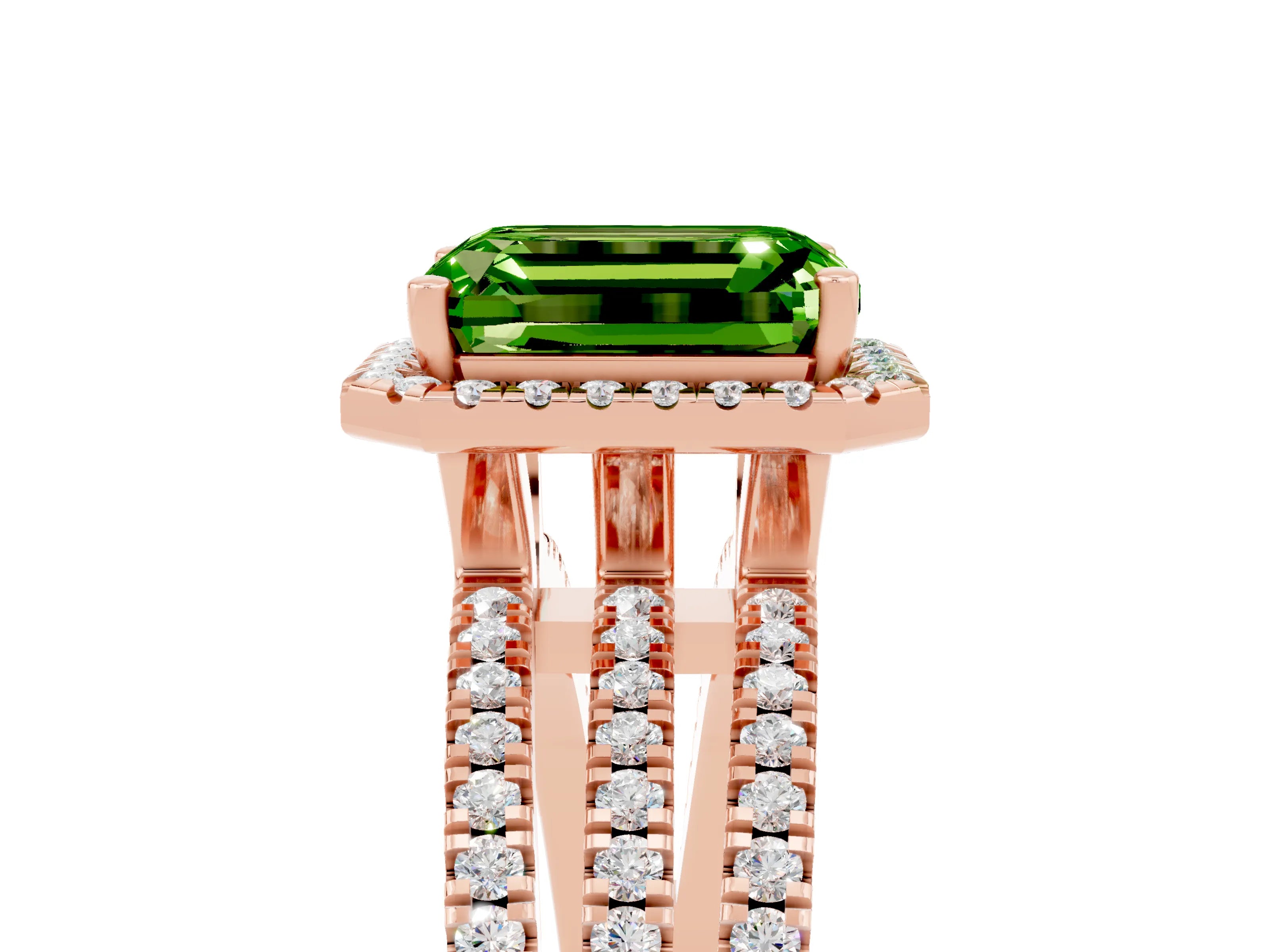 Rose gold {shape_name} Peridot Halo Engagement Ring with Split Shank and Four-Prong Setting_5