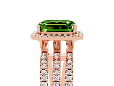 Rose gold {shape_name} Peridot Halo Engagement Ring with Split Shank and Four-Prong Setting_5