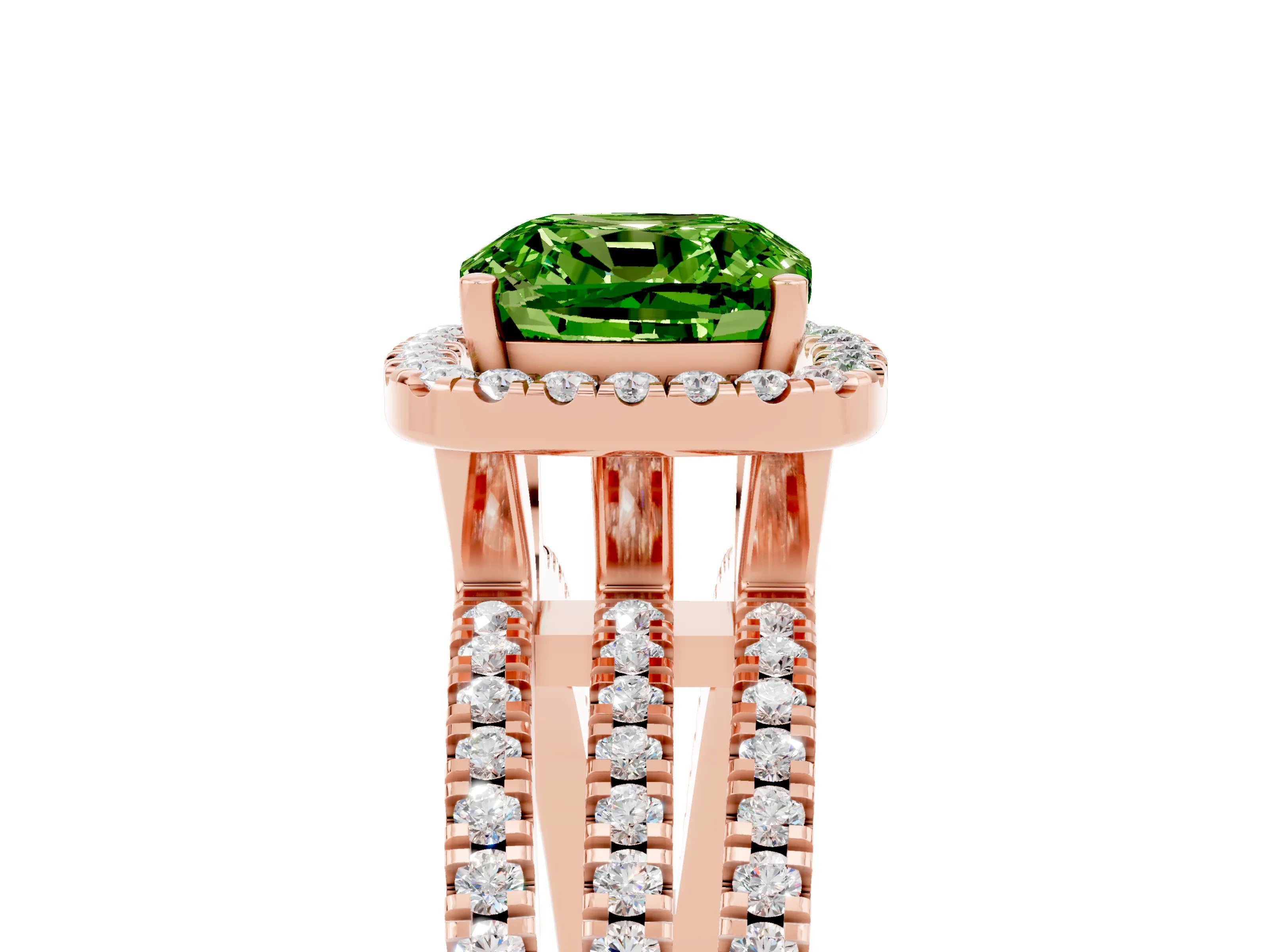 Rose gold {shape_name} Peridot Halo Engagement Ring with Split Shank and Four-Prong Setting_5