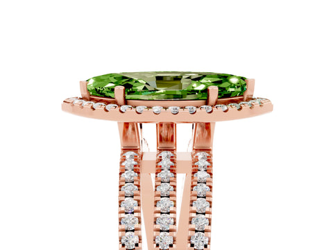 Rose gold {shape_name} Peridot Halo Engagement Ring with Split Shank and Four-Prong Setting_5