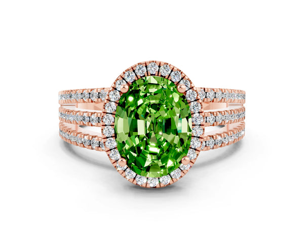 Rose gold Oval Cut Peridot Halo Engagement Ring with Split Shank and Four-Prong Setting