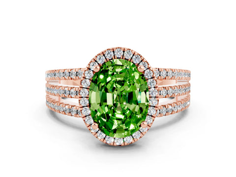 Rose gold {shape_name} Peridot Halo Engagement Ring with Split Shank and Four-Prong Setting