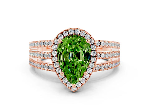 Rose gold {shape_name} Peridot Halo Engagement Ring with Split Shank and Four-Prong Setting