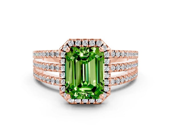 Rose gold Emerald Cut Peridot Halo Engagement Ring with Split Shank and Four-Prong Setting