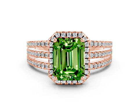 Rose gold {shape_name} Peridot Halo Engagement Ring with Split Shank and Four-Prong Setting