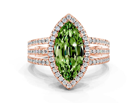 Rose gold {shape_name} Peridot Halo Engagement Ring with Split Shank and Four-Prong Setting