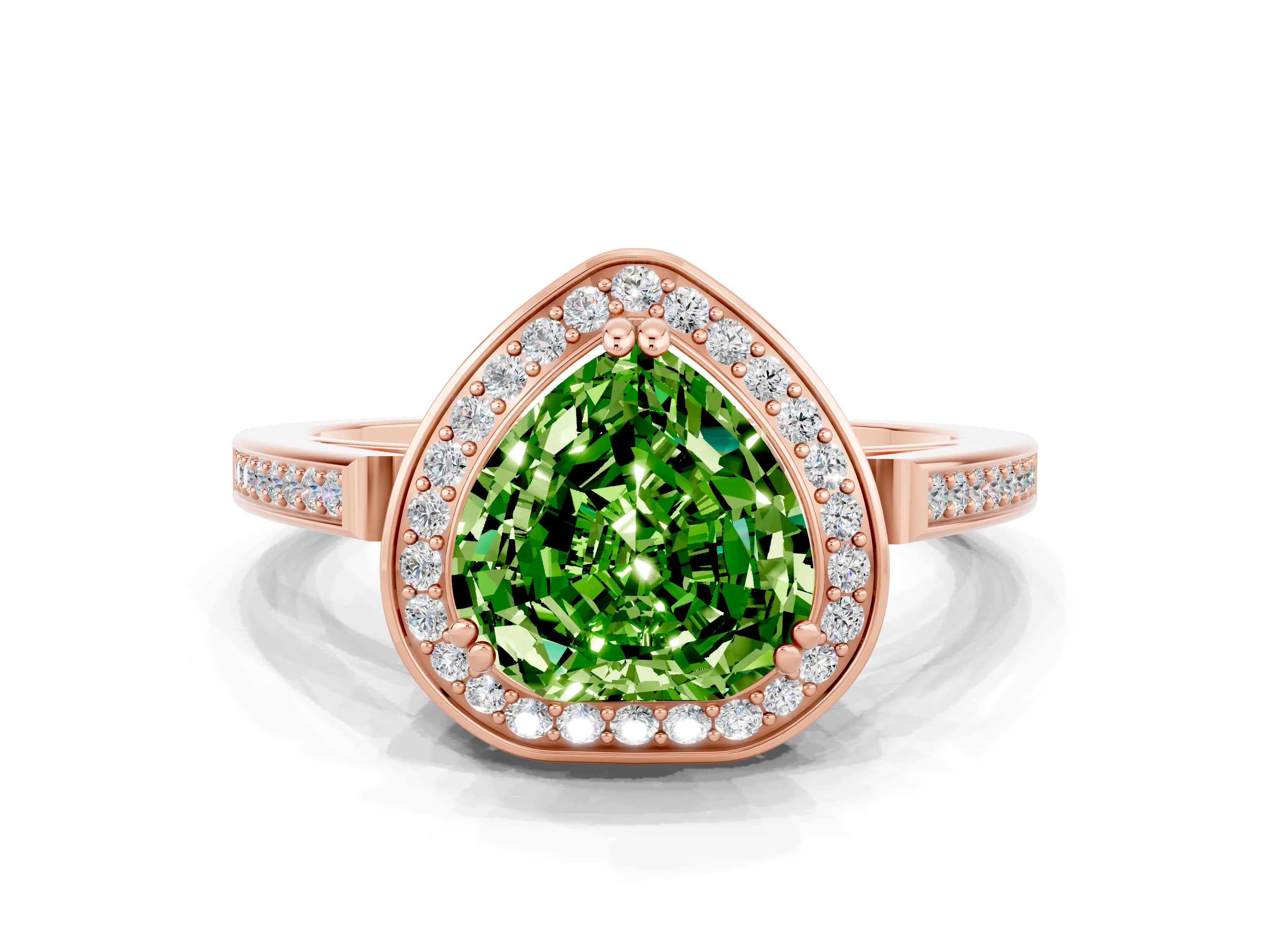 Rose gold {shape_name} Peridot Halo Ring with Split Shank and Four-Prong Setting