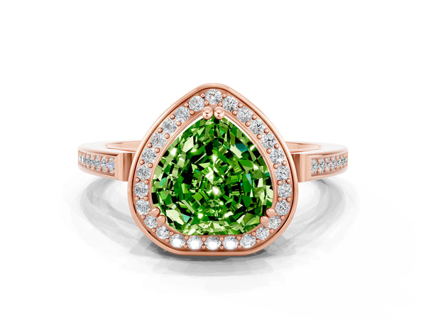 Rose gold Heart Cut Peridot Halo Ring with Split Shank and Four-Prong Setting