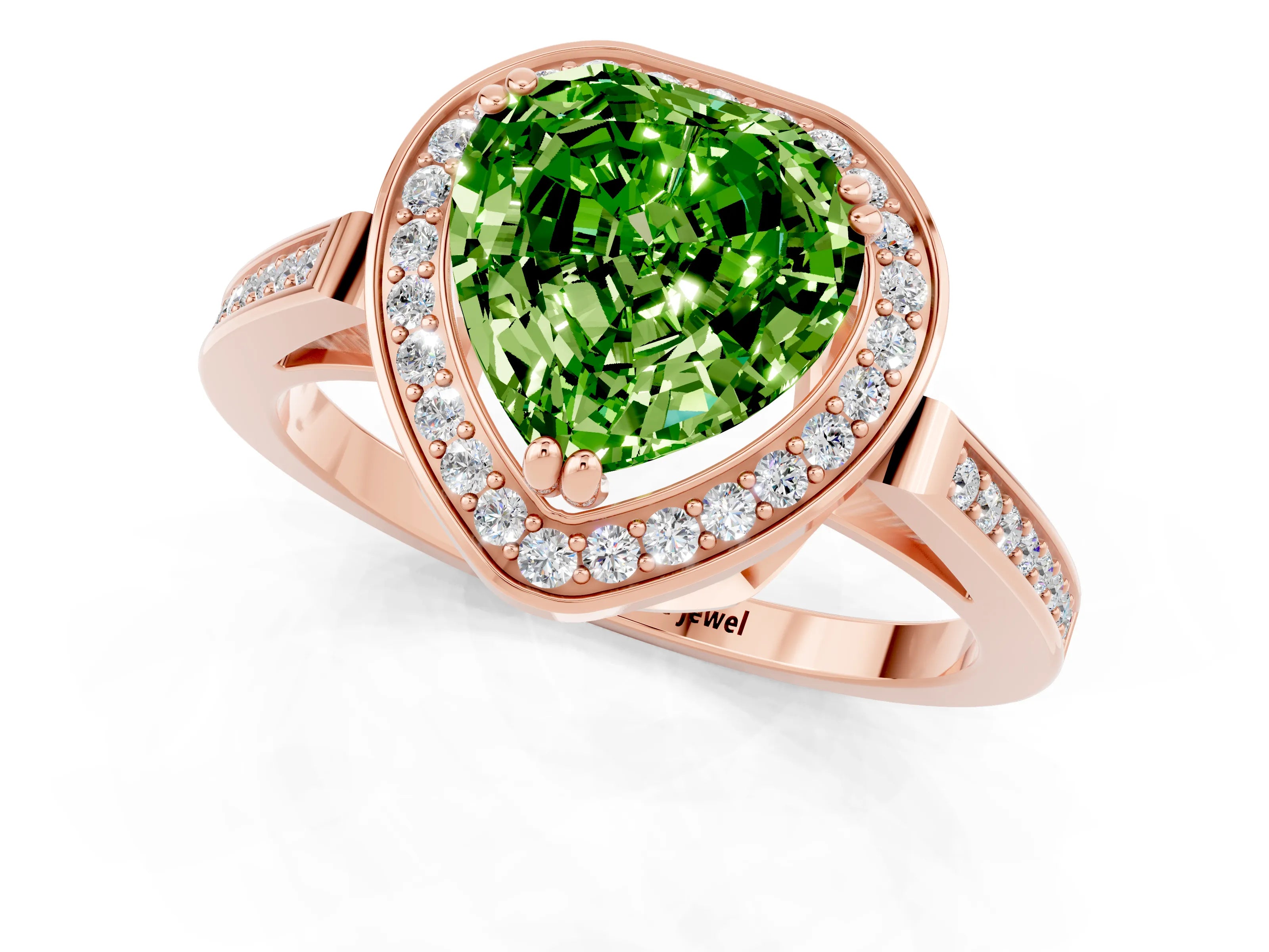 Rose gold {shape_name} Peridot Halo Ring with Split Shank and Four-Prong Setting_1
