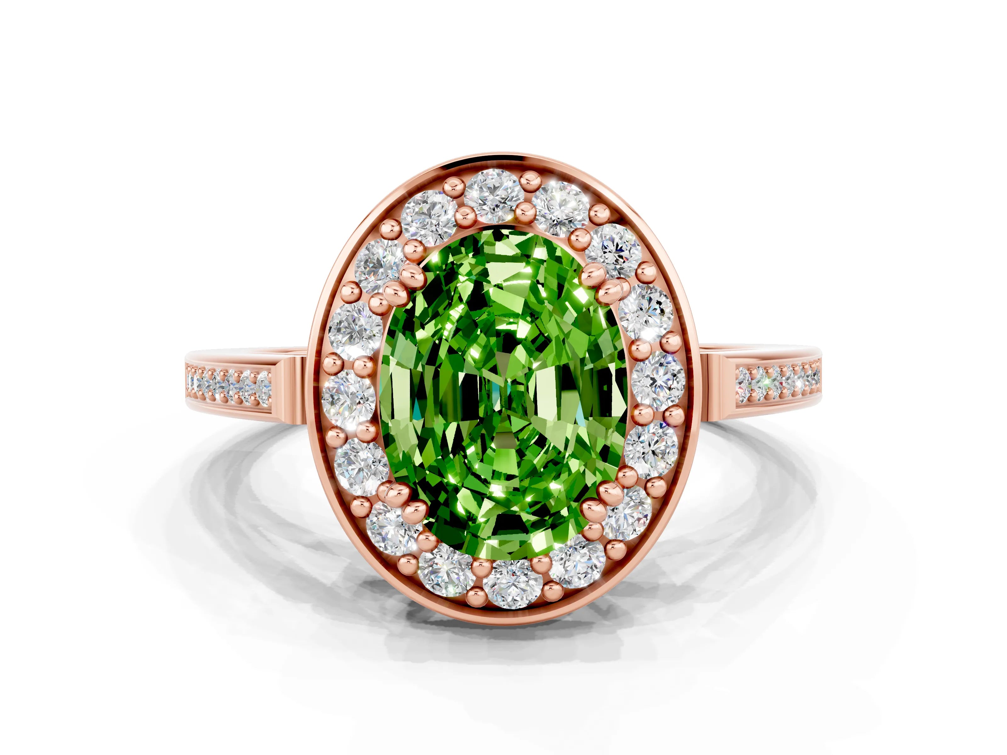 Rose gold {shape_name} Peridot Halo Ring with Split Shank and Four-Prong Setting