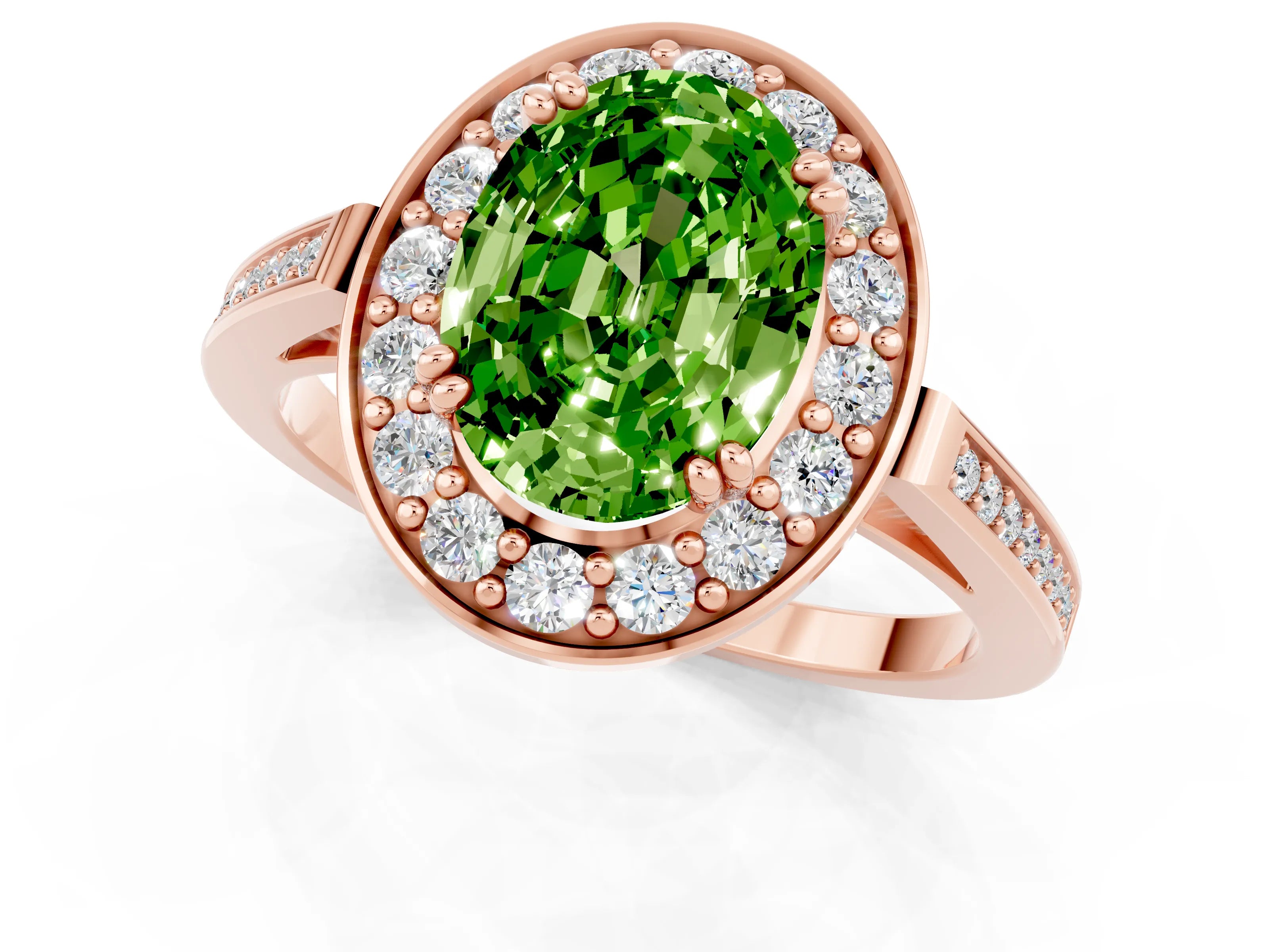 Rose gold {shape_name} Peridot Halo Ring with Split Shank and Four-Prong Setting_1