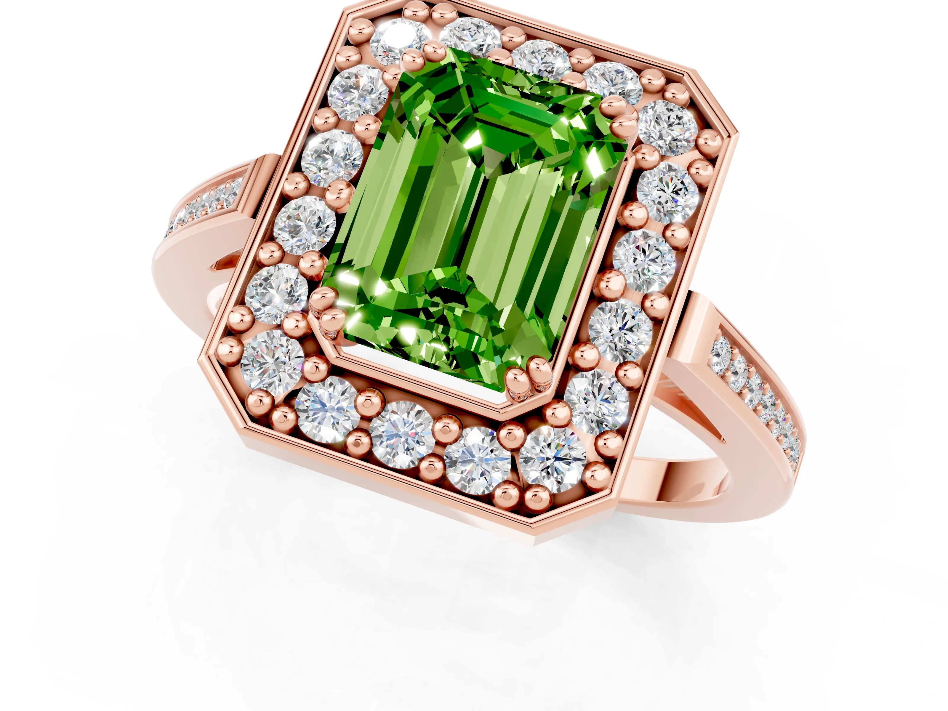Rose gold {shape_name} Peridot Halo Ring with Split Shank and Four-Prong Setting_1